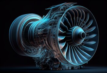 X-ray style turbofan jet engine isolated on black background. 3D rendering image. Generative AI - obrazy, fototapety, plakaty