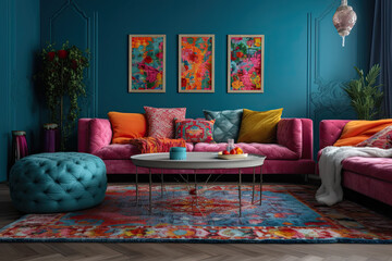 Interior design of a unique living room with cozy sofas, colorful pillows, colorful armchairs, and textured rug, Bold and colorful living room with bright furniture, generative AI