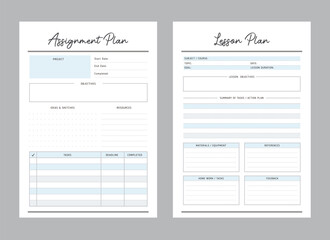 Assignment Planner and lesson planner. Minimalist planner template set. Vector illustration.	 