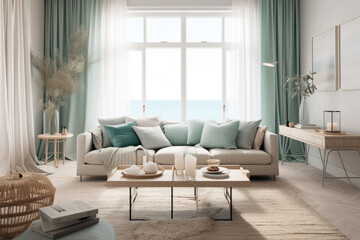 A high-resolution photorealistic illustration of a Scandinavian style living room with comfortable sofa, pillows, armchair and coffee table, Modern and luxurious living room, generative AI