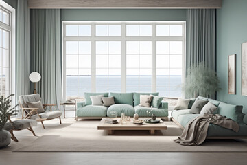 A high-resolution photorealistic illustration of a Scandinavian style living room with comfortable sofa, pillows, armchair and coffee table, Modern and luxurious living room, generative AI