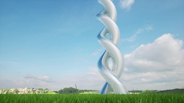 Futuristic swirling building green lawn nature 