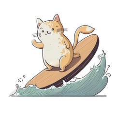 Cute Cat Surfing With Surfboard Cartoon Icon Illustration, Flat Cartoon Style, PNG Transparent. AI Generative