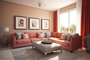 Modern living room in coral or terracotta red color theme, with sectional sofa and coffee table. High quality generative ai
