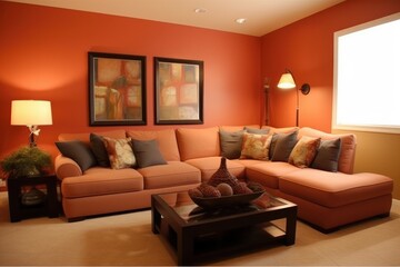 Modern living room in coral or terracotta red color theme, with sectional sofa and coffee table. High quality generative ai