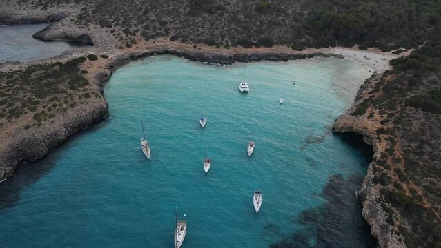 Aerial drone view of Cala Varques beach in Mallorca, Spain. Beautiful bay.