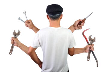 Male worker with multiple hands holding different carpentry tools. International labour day concept