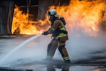 Firefighter training in fire, using fire hose chemical water foam spray engine, big fire background