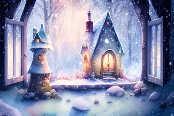 lights shine in the windows of the fairy tower on a snowy winter evening watercolor style, children's storybook style, muted colors - generative ai
