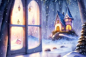 lights shine in the windows of the fairy tower on a snowy winter evening watercolor style, children's storybook style, muted colors - generative ai
