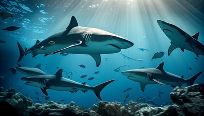 Fototapeta na wymiar Shoal of great white sharks in the ocean. Generative Ai,