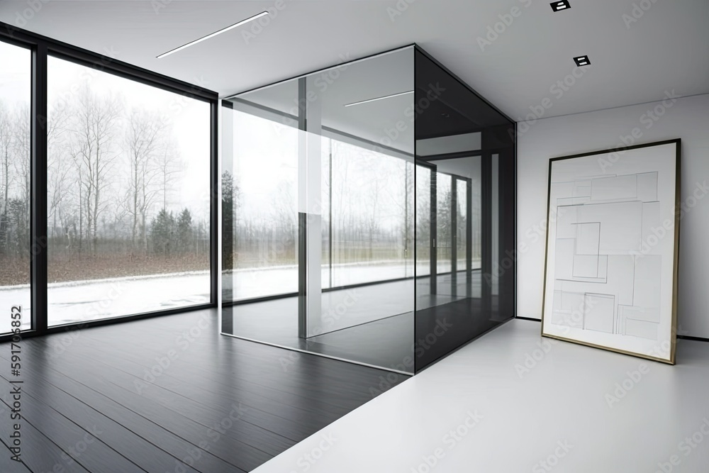 Aufkleber n empty room with a minimalist design and large windows framing a scenic view. generative ai