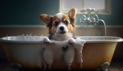 Puppy dog taking bubble bath in tub, generative ai