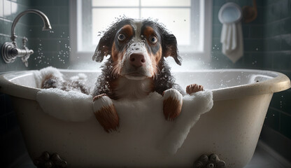 Puppy dog taking bubble bath in tub, generative ai