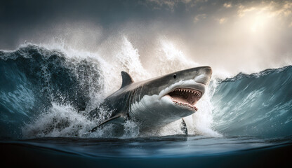 Fototapeta premium Great White shark breaching wave in ocean water, generative ai
