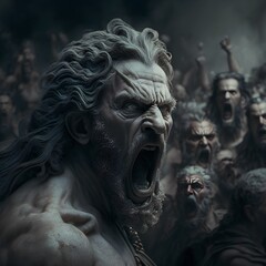 Hades threatening a crowd. Generative Ai illustration 