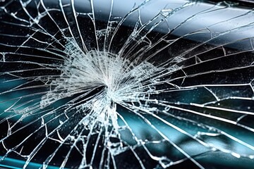Cracked car windshield glass from stone. Damaged windscreen on vehicle, close up. Generative ai