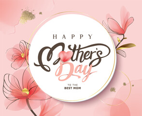 Obraz premium Happy Mother's Day Calligraphy abstract art background vector. Luxury minimal style wallpaper with golden line art flower and botanical leaves, watercolor. Vector background for banner, poster.