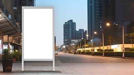 Blank vertical street billboard stand with city background, generative ai