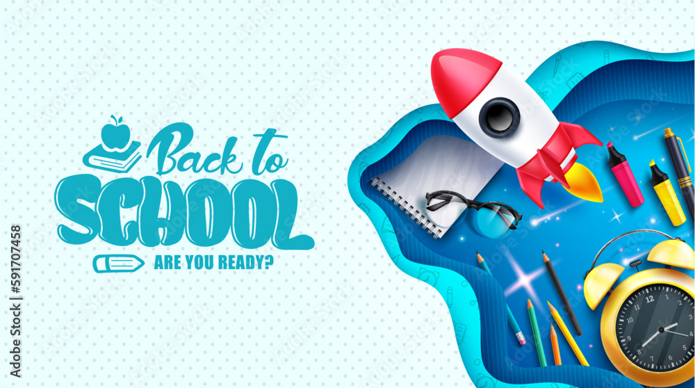Poster back to school vector design. back to school text with educational tools and supplies element for sc