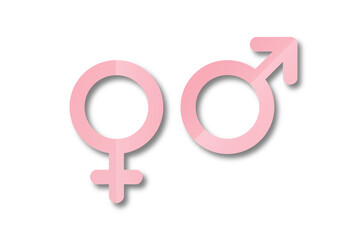 Pink paper cut male and female symbols isolated on transparent background.
