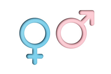 Pink and light blue paper cut male and female symbols isolated on transparent background.