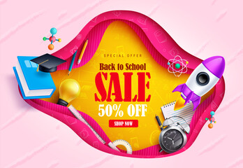 Back to school vector sale banner. Back to school sale text with promo discount special offer for educational items and supplies. Vector illustration promotion flyers design.