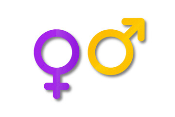 Purple and yellow paper cut male and female symbols isolated on transparent background.
