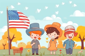 memorial day illustration for kids, boys and girls mourning and observing memorial day in cemeteries