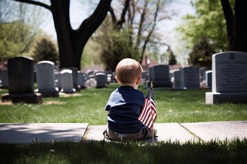 memorial day, little orphan sad boy sitting alone in front of a tombstone