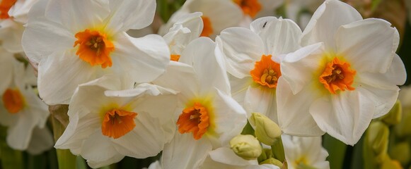 A panoramic closeup of group of orange and white narcissus flowers in a field near woodburn, Oregon