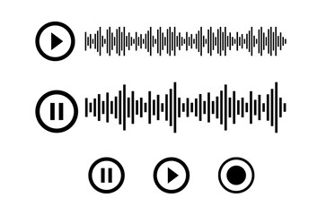 Music player soundbar. Audio speech spectrum noise with play button. Mobile messenger app chat. Sound wave of voice. Record interface. Equalizer icon with soundwave line. Vector illustration.