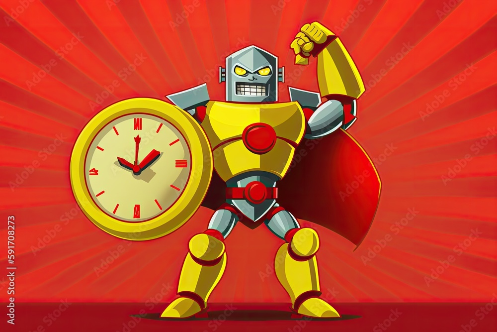Poster robot holding a clock against a red background. generative ai