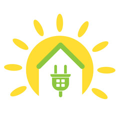 Illustration of a house with a socket on the sun background, symbolizing clean eco-friendly energy. Image on a transparent background for logo, brochure or promotional products