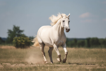 Obraz na płótnie Canvas albino horse running, galloping in the field.
