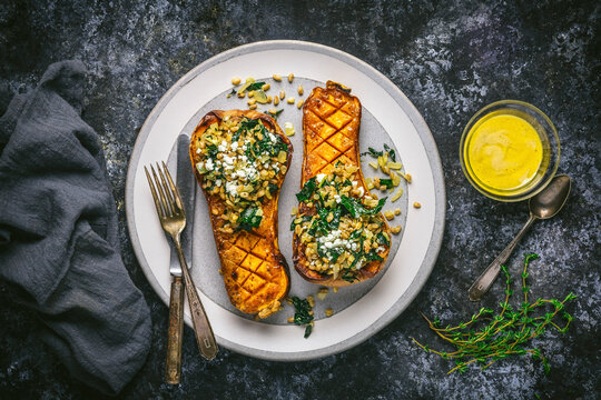 Stuffed Butternut Squash halves overhead