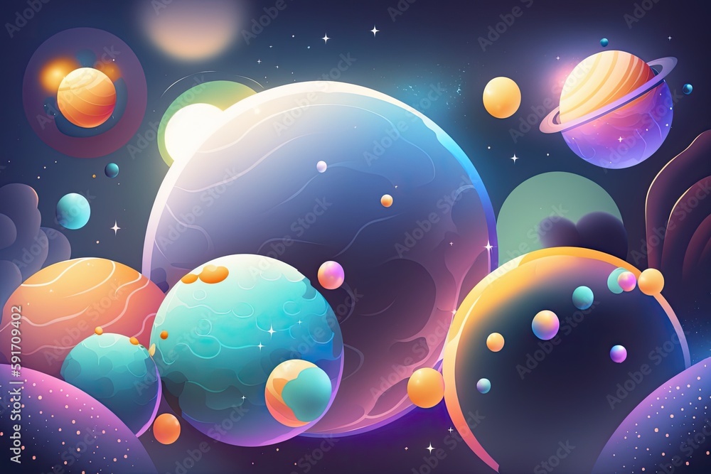 Poster colorful space scene with multiple planets and bright stars. generative ai