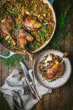 Crispy duck Legs in Pot and serving with Lentils 3