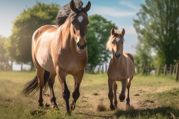 mare running along with her foal looking at the camera.