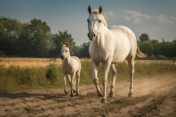 Obraz premium white mare running along with her foal looking at the camera.