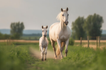 white mare running along with her foal looking at the camera.