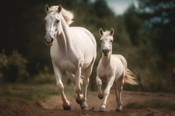 white mare running along with her foal looking at the camera.