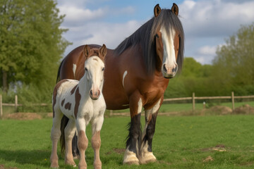 Coulored Cob mare together with her foal looking at the camera. - obrazy, fototapety, plakaty