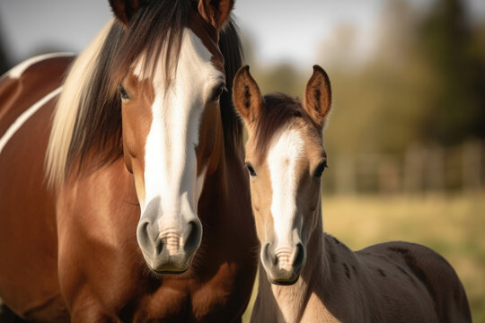 Coulored Cob mare together with her foal looking at the camera.