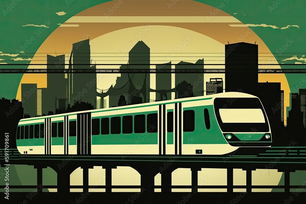 Wall mural modern commuter train in motion through a busy urban landscape. Generative AI