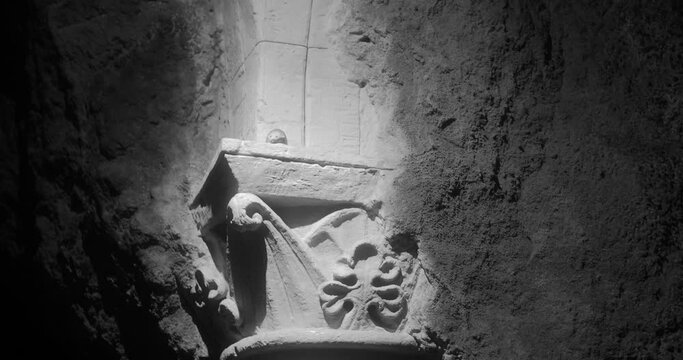 Stone Carvings In Underground Wine Cellar And Gallery Bouvet Ladubay In Saumur, France. closeup, monochrome