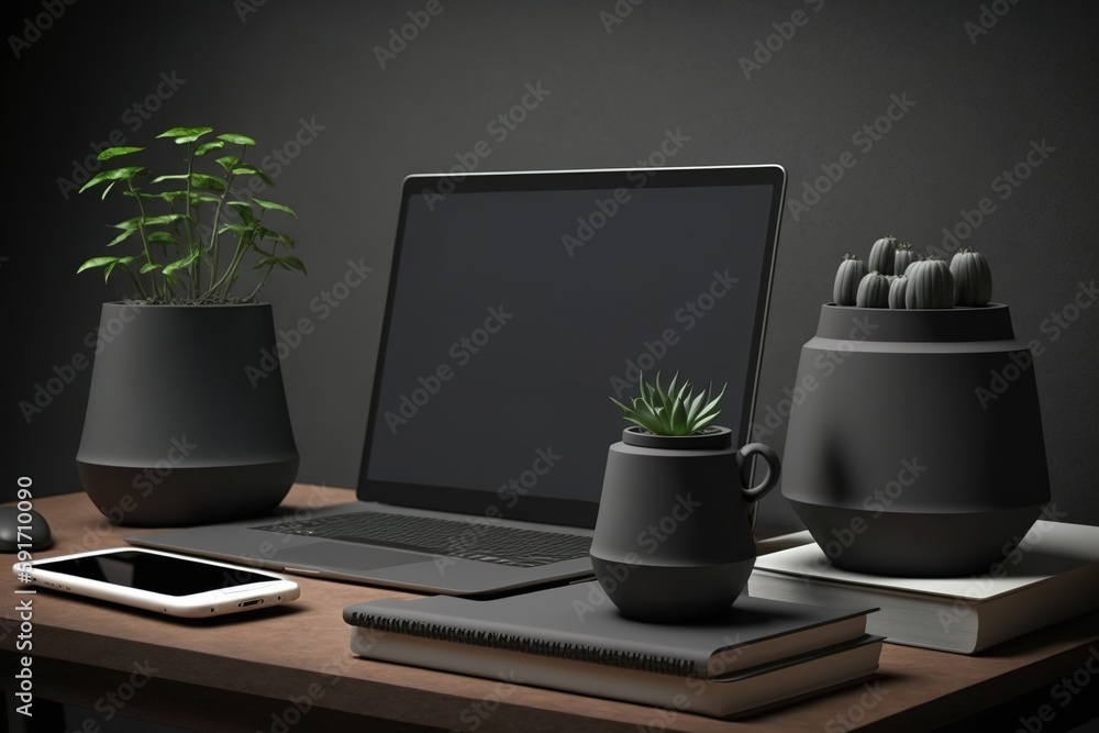 Aufkleber there are four plant pots and a notebook computer with a blank screen on the desk. generative ai