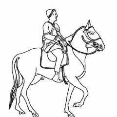 Fototapeta na wymiar AI generated line drawing of man riding a horse.