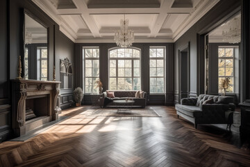 Fototapeta na wymiar Beautiful living room interior with hardwood floors and fireplace in new luxury home. Neoclassical style and dark furnishings with large windows. High quality generative ai