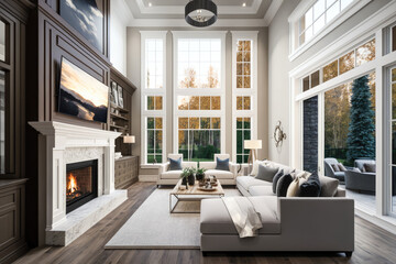 Beautiful living room interior with hardwood floors and fireplace in new luxury home. Neoclassical style and dark furnishings with large windows. High quality generative ai